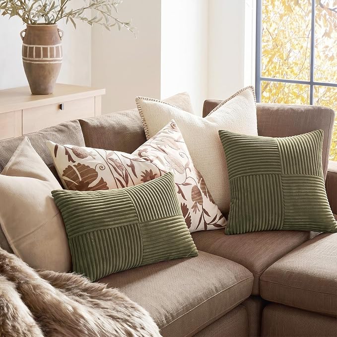 Fancy Homi 2 Packs Olive Green Decorative Throw Pillow Covers 16x16 Inch for Living Room Couch Bed, Rustic Farmhouse Boho Home Decor, Soft Corss Patchwork Corduroy Textured Cushion Case 40x40 cm
