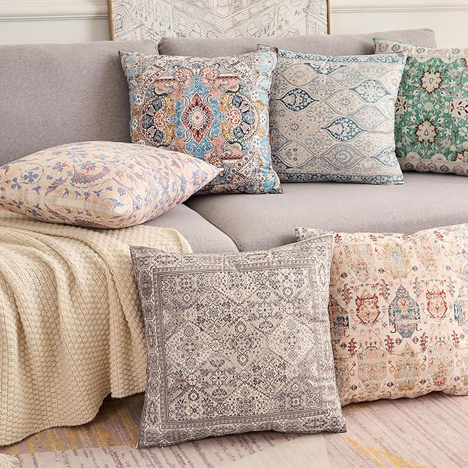 Boho Floral Throw Pillow Covers 16x16 inch Set of 2,Grey Boho Rug Geometric Floral Pattern Decor Double Sided Pattern Cushion Cover Soft Pillow Case Living Sofa Room Bed Square Pillow Cover