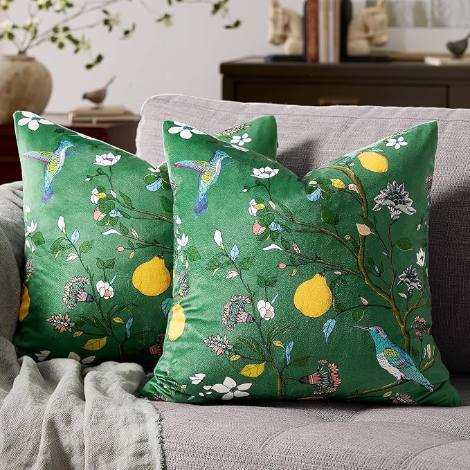 MUSSEL Green Velvet Floral Decorative 20x20 Pillow Covers Set of 2 | Soft Durable and Sturdy,Bird Plant,Throw Pillows Case,Square,Colorful Mid Century Cushion Covers,Sofa Couch Decor