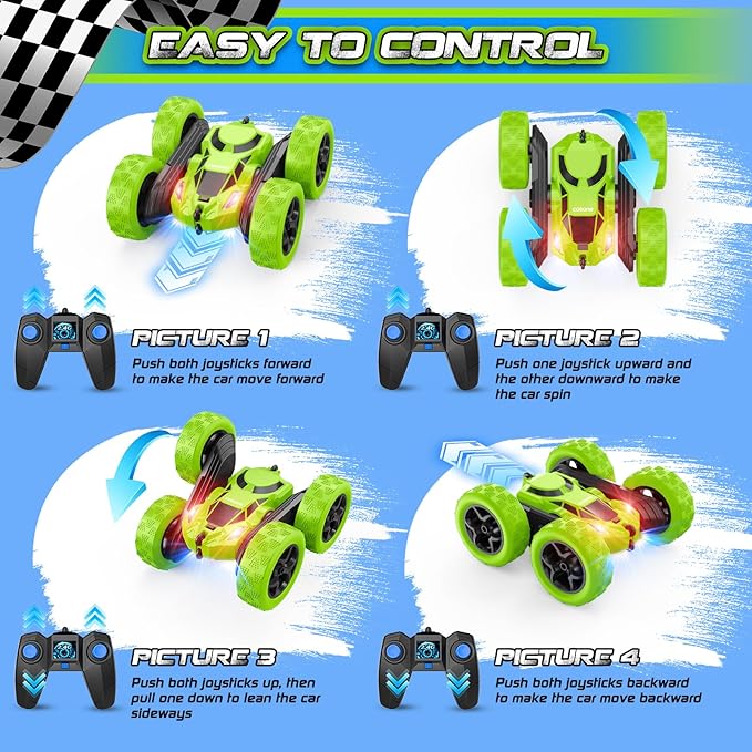 cosone Remote Control Car - RC Car Toys for Boys - 4WD 2.4Ghz Double Sided 360° Rotating RC Cars, Birthday Gifts for Kids Age 6 7 8-12 for Boys and Girls- Green