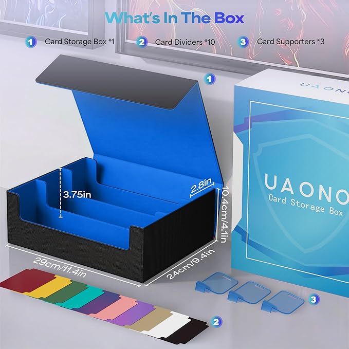 UAONO Trading Card Storage Box, Holds 1800 Sleeved Cards with 10 Dividers & 3 Stoppers, Magnetic Closure PU Leather Card Case for MTG, PTCG, YGO, Sports Cards (Black&Blue)
