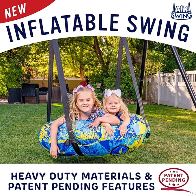 AIR Swing Giant 42” Inflatable Heavy Duty Saucer Swing Indoor Outdoor Playground, Jungle Gym, or Tree Ages 3+ UV-Protected Cover Durable Tube-Frame Adjustable Hanging Straps Carabiners - Blue/Yellow