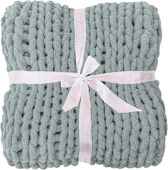 Bigacogo Chunky Knit Throw Blanket for Couch, 51x63 inches, Misty Green | Hand Knit with Jumbo Chenille, Soft Breathable Cable Knit for Sofa Bed Living Room, Machine Washable, Gift for Mom Friend