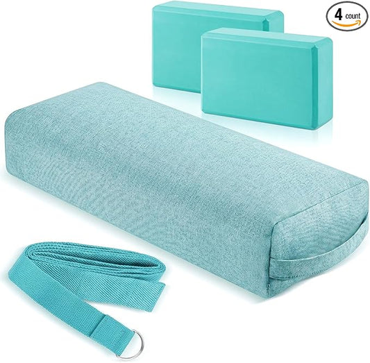 4 Pcs Yoga Bolster Pillows Blocks with Strap Set Comfortable Meditation Pillow with Carry Handle for Restorative Non Slip Reusable Yoga Blocks for Balance, Pilates, Washable Cover