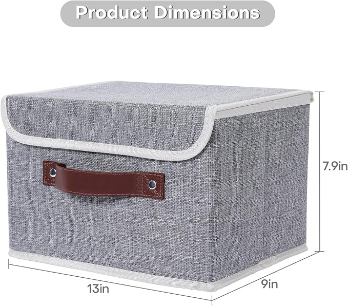 ANMINY Fabric Storage Box Bins with Lids, Gray, 13"x9"x7.9" | Keepsake Memory Storage, Cotton Linen, PP Board Reinforced, Washable, PU Handles, Foldable & Stackable, Decorative, Medium