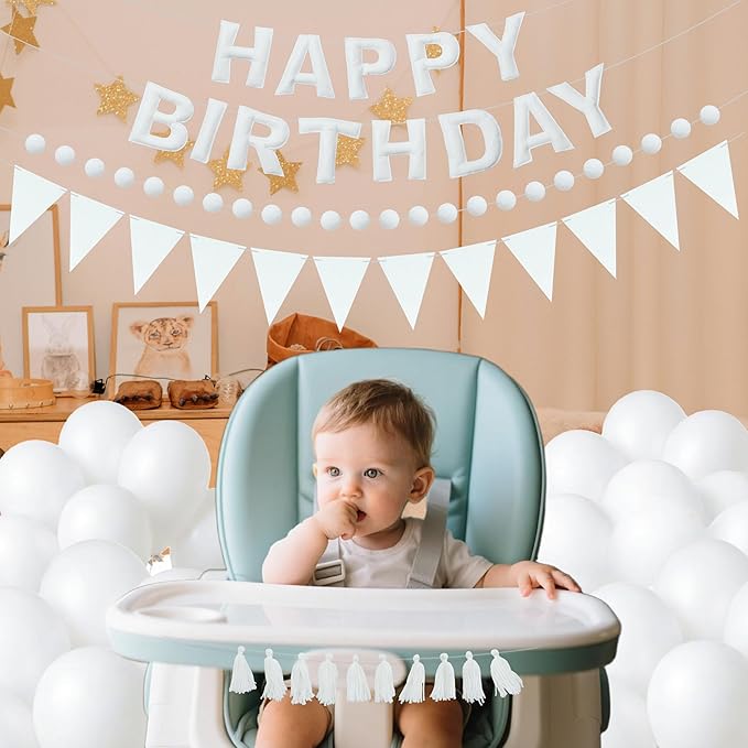 Elegant White Themed Birthday Decoration Set, White Pre-Strung 3D Felt Happy Birthday Banners, Pom-Pom Garland, Party Pennant Felt Banner Flags, Tassel Garland, Balloons, Reusable Party Decor,Photo Prop
