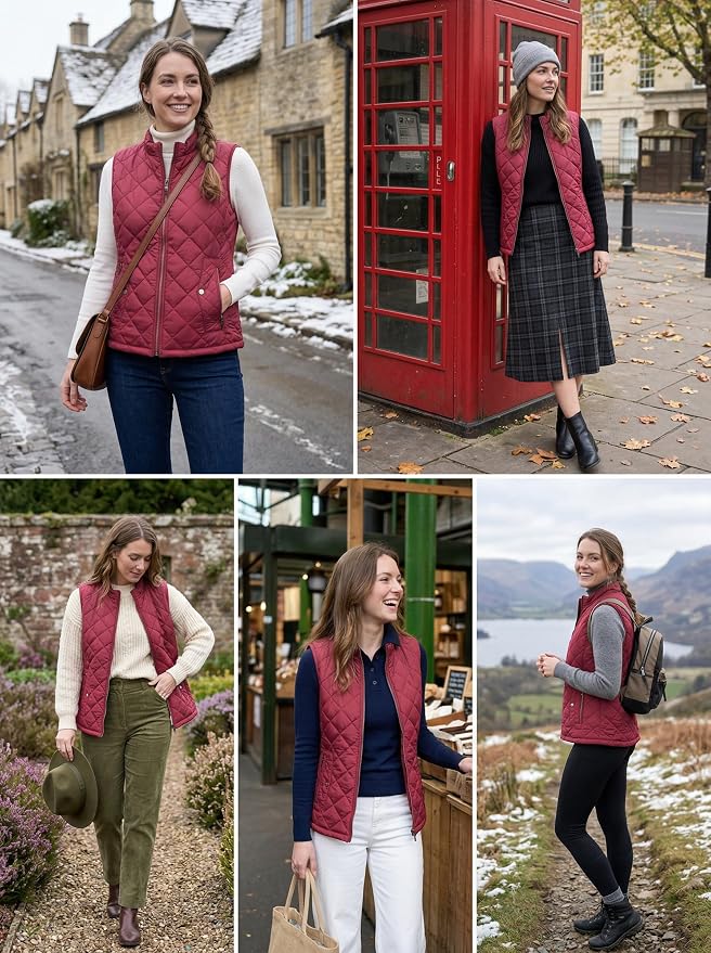 Fuinloth Women's Quilted Vest Lightweight Puffer Stand Collar Zip Gilet | 4 pockets with 2 inner storage. Quilted padded warm gilet. Fall winter outerwear layering vest for travel hiking daily wear.