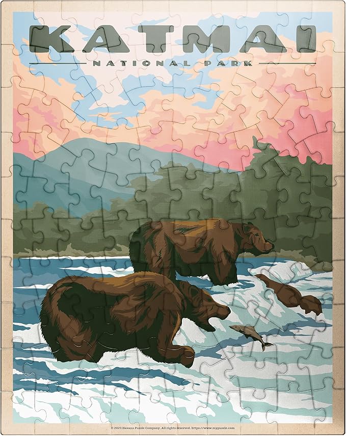 MyPuzzle Katmai National Park - Fishing Bears at Brooks Falls, Vintage Travel Poster - Premium 100 Piece Jigsaw Puzzle for Adults