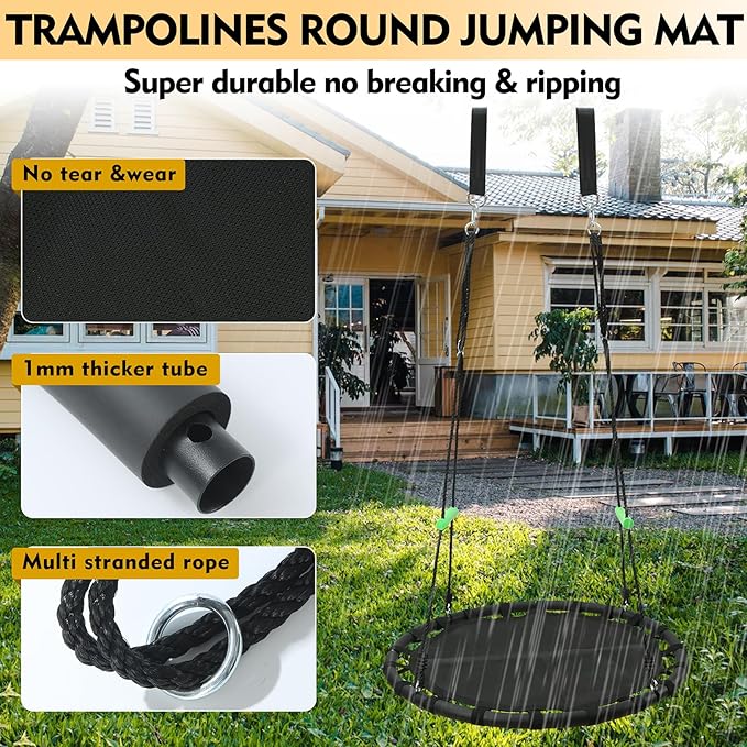 YSEJOMP Black Round Saucer Swing with Handles -Made of Sturdy Frame,PP Mat,Adjustable Multi-Strand Ropes,Safe and Durable for Yard Garden Playground Park (Black+Extra Straps, 40 inches)