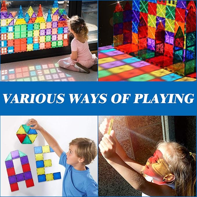 100PCS Magnetic Tiles Blocks for Kids Ages 3-5 4-8 with 2 Cars,STEM Learning Educational Preschool Magnet Building Toys for Toddlers,Christmas Birthday Gifts Toys for 3 4 5 6 7 8+ Year Old Boys Girls