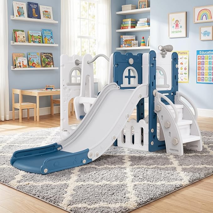 Costzon 7 in 1 Toddle Swing and Slide Set, Freestanding Toddler Slide Playset w/Swing, Basketball Hoop, Kids Slide for Toddler Age 1-3 Playground w/Storage Space, Gifts for Boys Girls (Blue House)