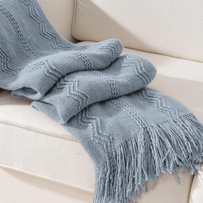 BATTILO HOME Light Blue Throw Blanket for Couch, 50"x60" | Soft Knit Throws with Tassels for Home Decor, Blue Grey Throw Blanket for Bed Sofa