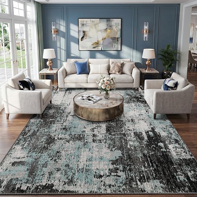 RELEANY Washable 10'x14' Abstract Area Rug for Living Room Teal Black | carpet for bedroom, kitchen, office, hallway and entryway, printed pattern, non-slip, soft, stain-resistant, easy to clean
