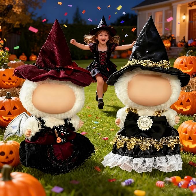 Halloween Doll Clothes Set for 17cm Dolls – Stylish Outfit with 2 Witch Hat, 2 Suspender Skirts, Cute Clothes for Halloween & Cosplay Essential (Red+Black) (Doll Not Included) 2PCS