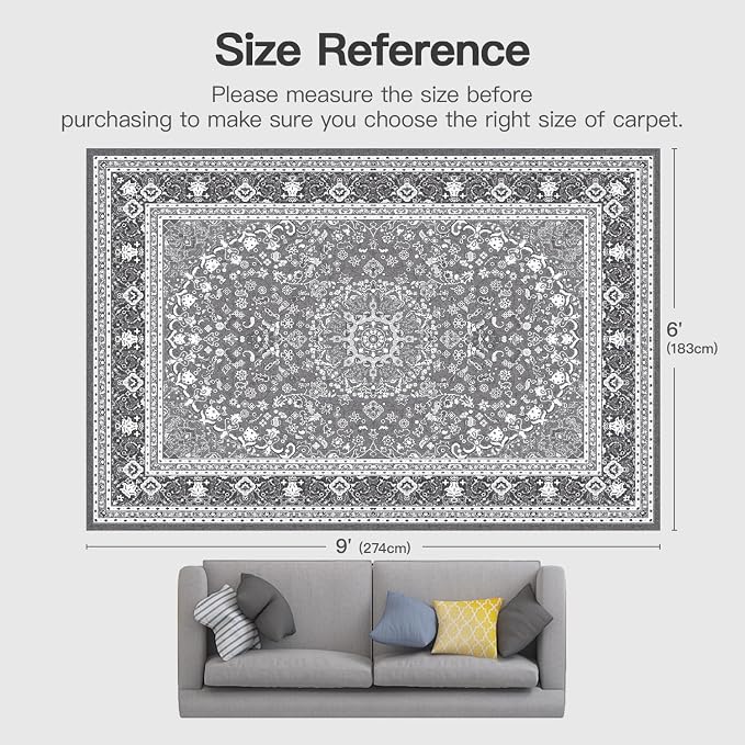 6x9 Area Rugs for Living Room, Washable Non-Slip Rug, Oriental Light Grey | Area Rugs for Bedroom, Low Pile Large Area Rug for Kitchen, Dining Room, Home Office, Vintage Oriental Print Rug