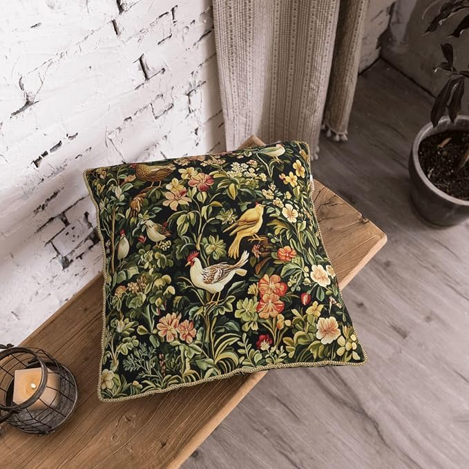 Vintage Floral Animal Velvet Pillow Covers 16x16 Inch Black Green Flowers Leaf Throw Pillows for Couch Farmhouse Cushion Covers Pillowcase Boho Chinoiserie Pillow Cases for Sofa Bed Outdoor Decor