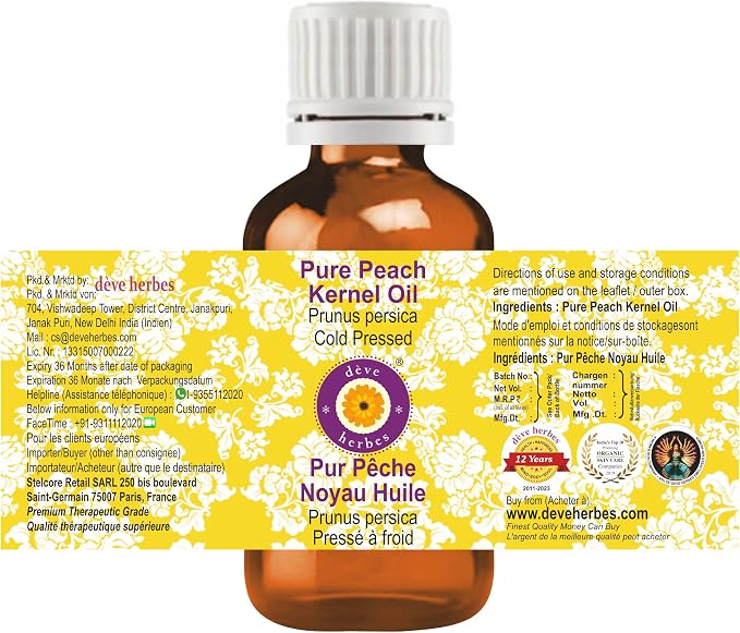Deve Herbes Peach Kernel Oil (Prunus persica) | Cold Pressed | Pure | Natural | Undiluted | For Diluting Essential oils | For Skin & Massage | Non-Sticky| Lightweight| Men & Women | 30ml (1 oz)
