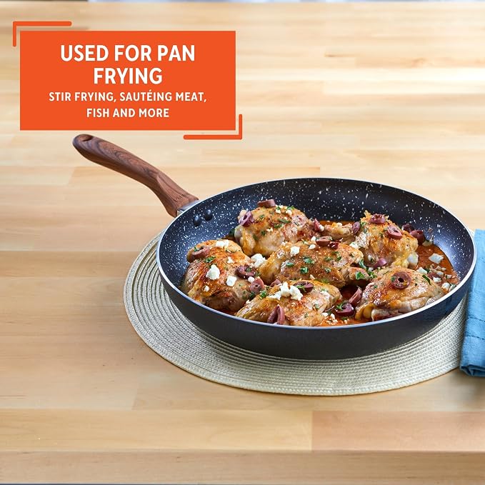 IMUSA USA Woodlook 8" Black Stone Fry Pan Handle and Speckled Nonstick Interior, 8" | Ideal for Stir-Frying, Great for Everyday Cooking