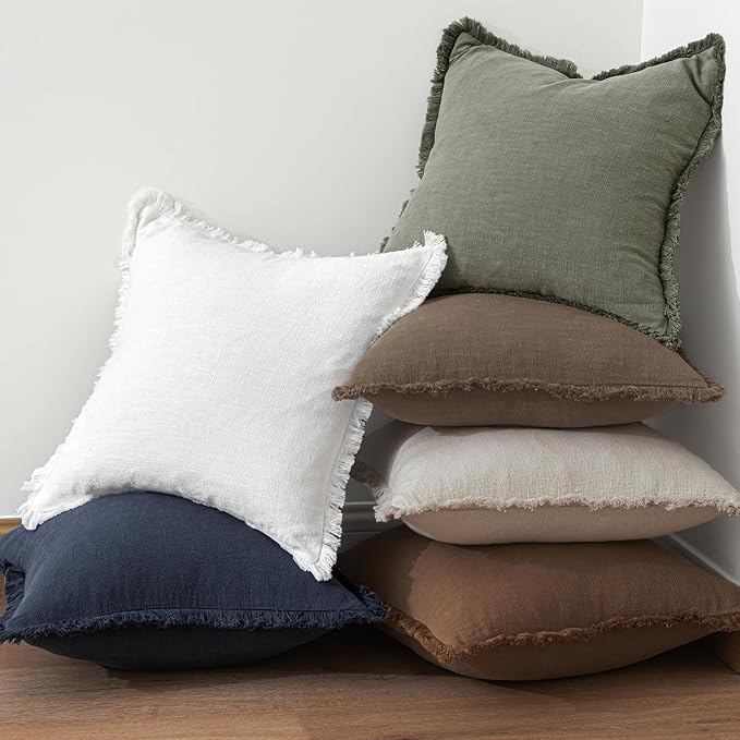 MIULEE Linen Fringe Decorative Fall Euro Pillow Covers Cocoa Brown 24x24 | Set of 2, Cottagecore Decor, Boho Farmhouse Neutral Throw Pillow Covers, Rustic Fall Couch Cushions for Sofa Bed Living Room
