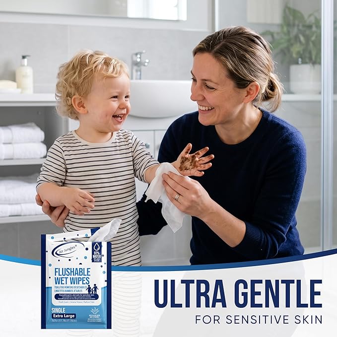 Air Jungles Flushable Wipes Travel Size Individually Wrapped 50 Ct | On-the-Go Butt Wipe with Aloe Vera & Vitamin E, Ultra Soft and Large for Adult and Kid, 97% Water - XL 7 X 7 in, Fresh Scent