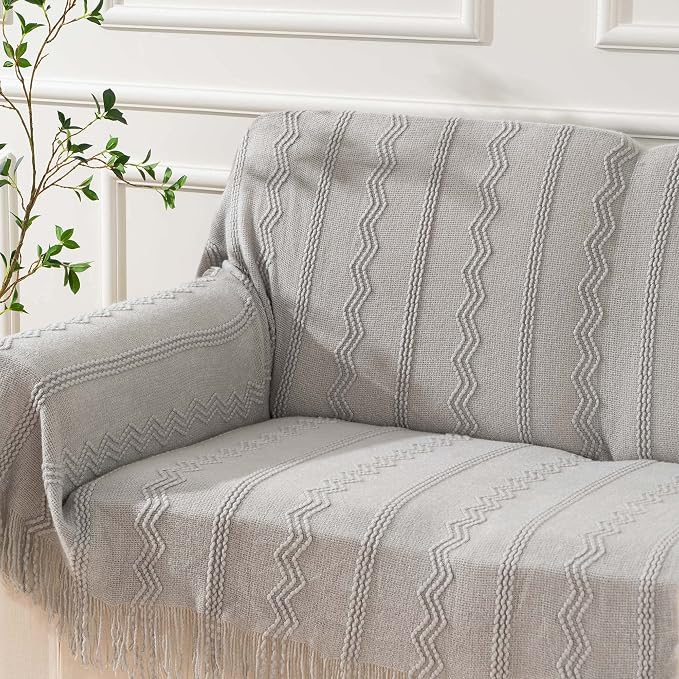 BATTILO HOME Light Grey Throw Blanket for Couch, Geometric Grey Bed Throws Decorative Boho Blanket for Sofa Living Room, 50"x60"