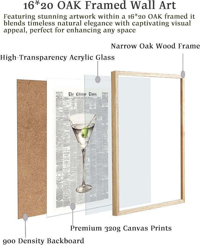 EcoHest 16x20 in Martini Newspaper Framed Wall Art for Bar Cart | Solid Oak Wood Frame, Canvas Wall Art, Martini Cocktail Bar Cart Decor for Living Room, Apartment, Dorm Room, Bedroom, 1Pack