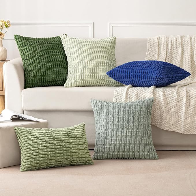 MIULEE Corduroy Decorative Throw Pillow Covers 18x18 Moss Green Pack of 2 | Soft Boho Striped Pillow Covers Modern Farmhouse Home Decor For Sofa Living Room Couch Bed