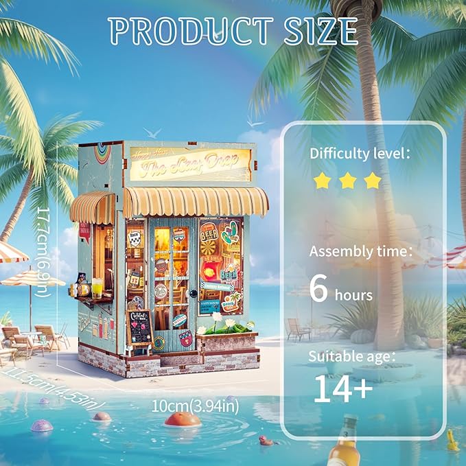 Foyucool DIY Book Nook Kit, Miniature Dollhouse Bookshelf Insert with Light, Laser-Cut Wooden Craft Set for Adults, Perfect for Teens and Adults, Beach Bar