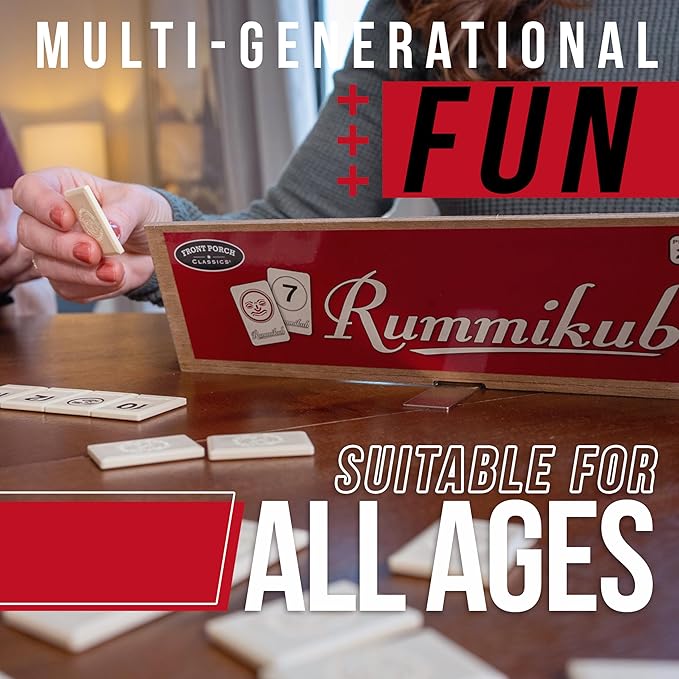Front Porch Classics, Rummikub Vintage Edition in All-Wood Storage Case with 4 Built-in Player Trays and 106 Rummikub Tiles, for 2 to 4 Players Ages 8 and Up