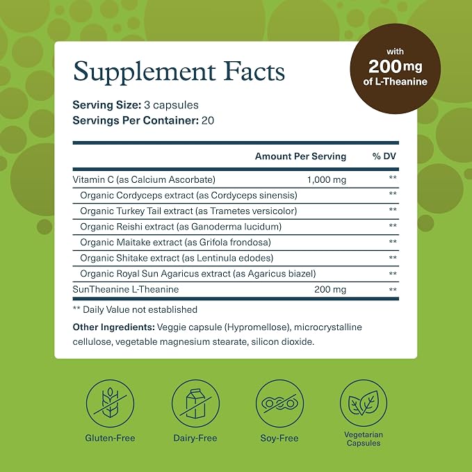 Youtheory Mushroom Stress Complex - 60 Vegetarian Capsules (20 Day Supply) - Organic Full-Spectrum Mushroom Blend with L-Theanine - Supports Immune System & Gut Health*- Supports Mental Calmness*