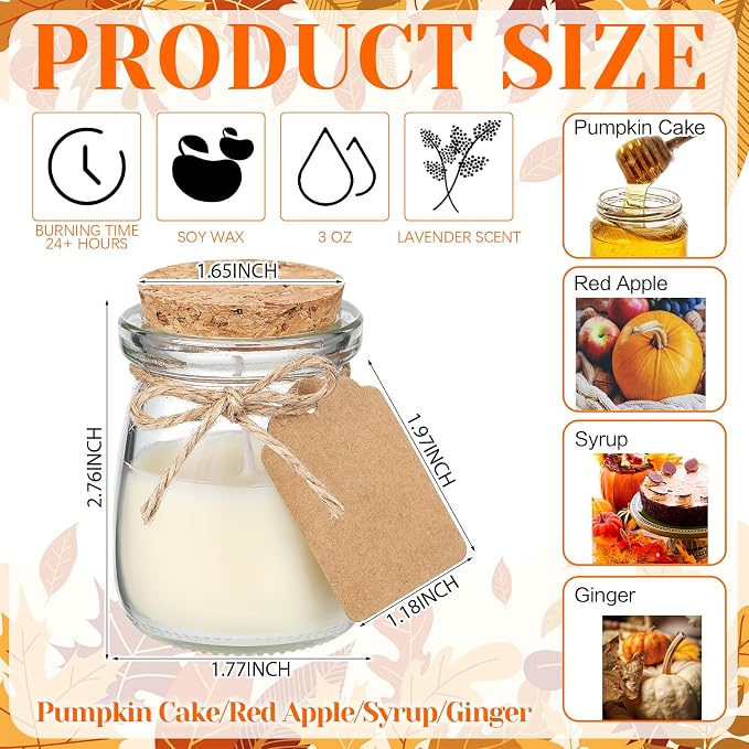 MTLEE 24 Pcs Fall Jar Candles Holiday Candle Gifts Natural Wax Jar with DIY Tag Cards Gift for Halloween Thanksgiving Party Favor Home Supply Decor, Scents of Pumpkin Cake/Apple/Syrup/Ginger Pumpkin