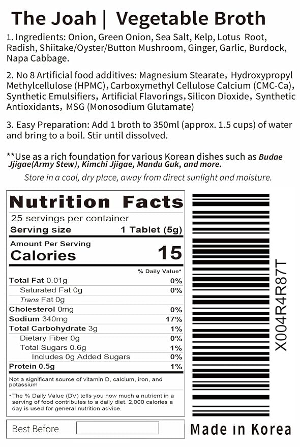 The Joah Traditional Korean Soup Broth 0.18oz x 25 tablets | Individual Packages Base Soup Stock Korea Made Korean Asian food| 코인육수 (1, Vegetable)