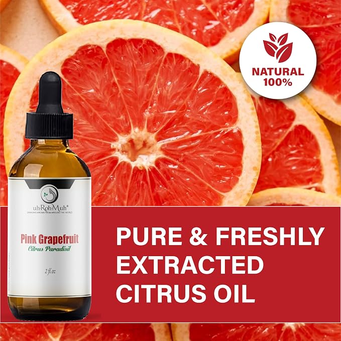 Pink Grapefruit Essential Oil Cold Pressed Citrus Paradisi Peel Oil Fresh Citrus Aroma Top Note Essential Oil for Aromatherapy Diffuser Skincare Haircare and Natural DIY Cosmetic Blends - 2 Fl oz
