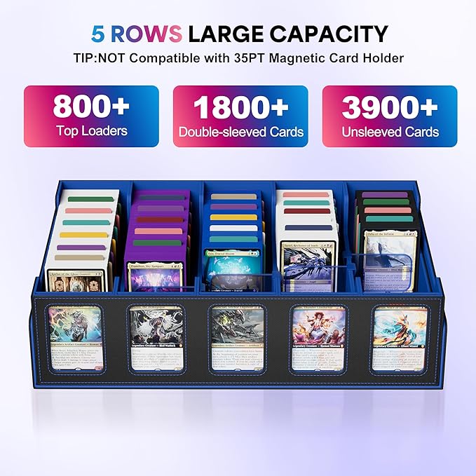 UAONO Trading Card Storage Box with Commander Display;3900+ Card Box for MTG, Removable Cover; 5 Row Case fits MTG TCG Sports Cards 48 Dividers,5 Stoppers,5 Top Loaders,1 Dice Box(Black, Blue)
