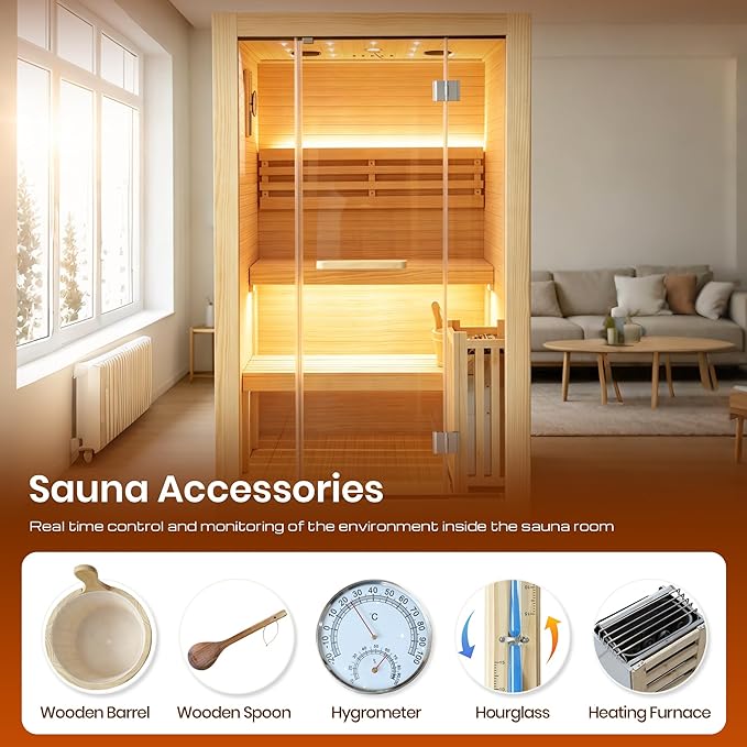 OUTEXER Steam Sauna Traditional Saunas Home Spa Room for 2-3 Person Wet Indoor Saunas 7 Color LED Lights with 240V 3KW Heater,Sauna Stone,Wooden Bucket,Spoon,Thermometer,Hourglass,Cup Holder