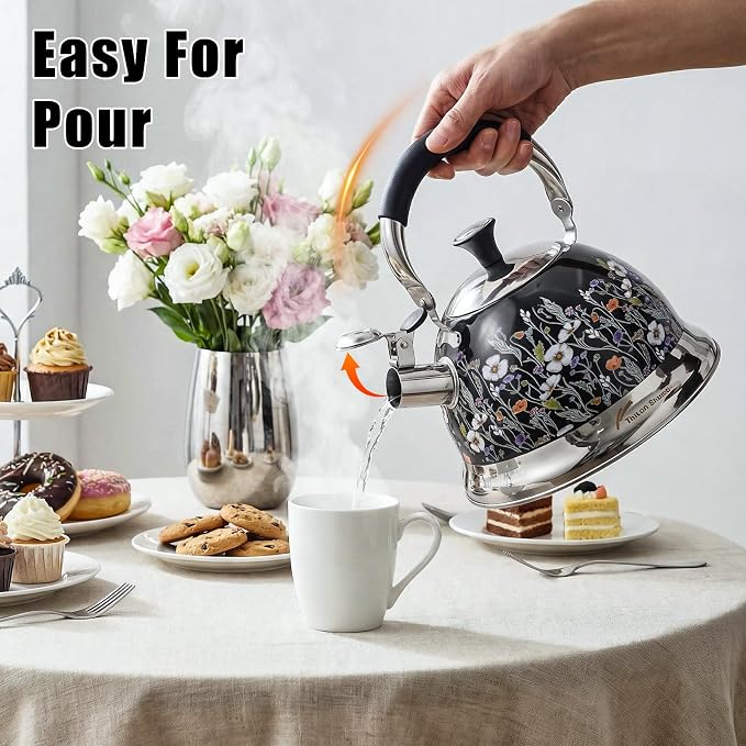 Stainless Steel Whistling Tea Kettle Stovetop - 3.1QT Tea Pot for Stove Top, Vintage Floral Print, Foldable Handle, 304 Stainless Steel Interior Teatop for Tea, Coffee, Party & Gift