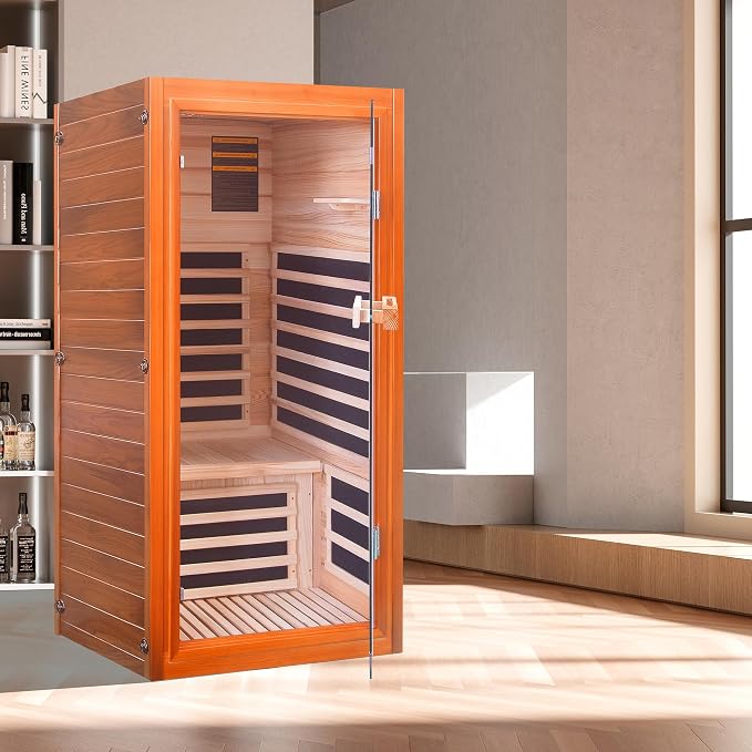 Far Infrared Sauna for Home 1 Person Indoor Wood Sauna Personal Spa Room 1065W 120V with Red Light Bluetooth Speakers 31.5"x31.5"x63"