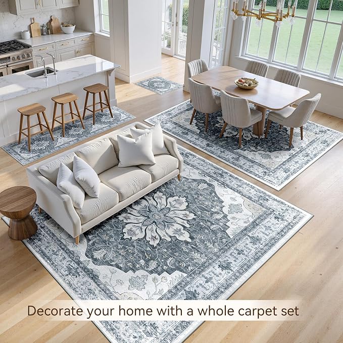 RELEANY Area Rugs Runner 2'x8' Washable Non-Slip, Floral Vintage Distress Medallion Carpet for Kitchen Hallway Bedroom Beside Laundry Room Bathroom, Light Gray Grey White