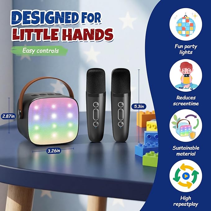 Mini Karaoke Machine with 2 Wireless Microphones for Kids Adults, Portable Bluetooth Speaker, 2026 Top Birthday Gift for Boys Girls 3, 4, 5, 6, 7, 8, 9, 10, 12+ Years Old Grandkids Present (Black)