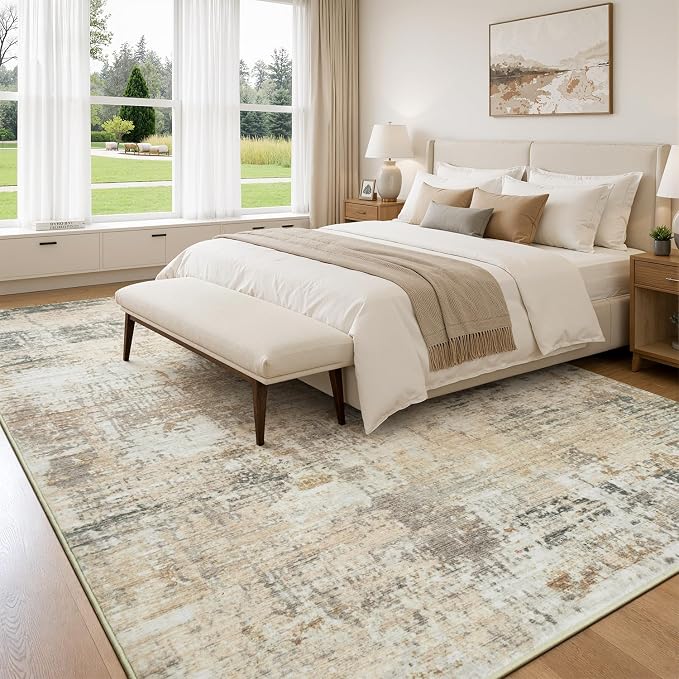Rugflix 5x7 Area Rugs for Living Room, Washable Gold Beige Grey Large Rug | Machine Washable; Stain-Resistant; Low Pile; Non-Slip; Modern Abstract; Carpet for Bedroom Dining Office Nursery Home