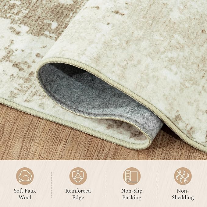 Rugflix 8x10 Area Rugs for Living Room, Washable Linen Beige Large Rug | Machine Washable; Stain-Resistant; Low Pile; Non-Slip; Modern Abstract; Carpet for Bedroom Dining Office Nursery Home