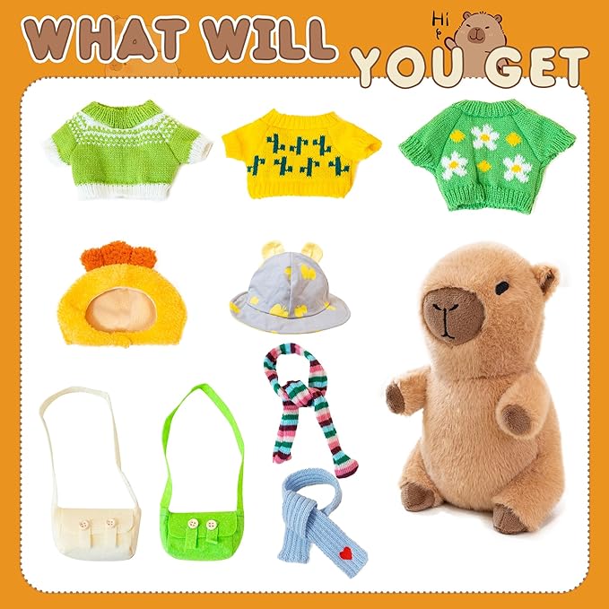 Capybara Plush with 10 Pcs Clothes & Accessories,Christmas Stuffed Animals, 10.2 in Cute Capybara Plush Toys,Birthday Gifts&Dress Up Cute Plushies for Boys/Girls (Chicken-B)