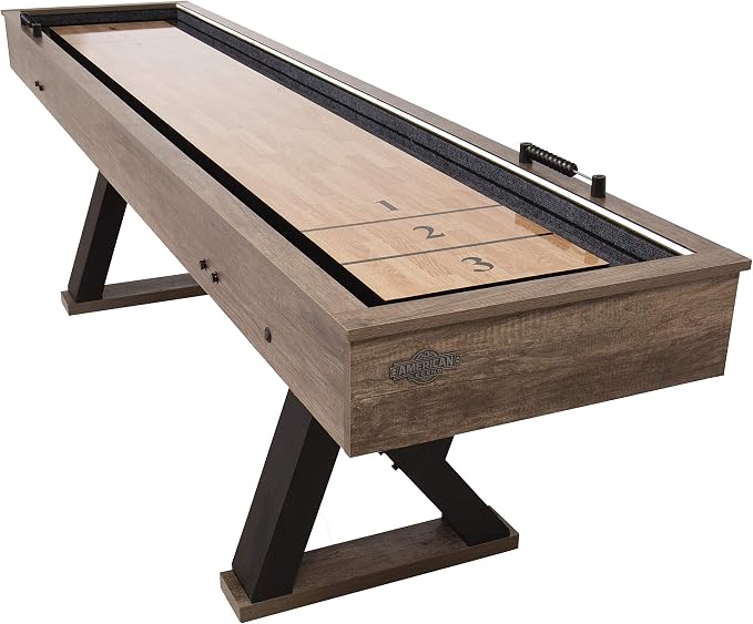 American Legend Kirkwood 9’ Shuffleboard Table with LED Rails, Bowling Game Set, Rustic Wood Finish & Accessories Included