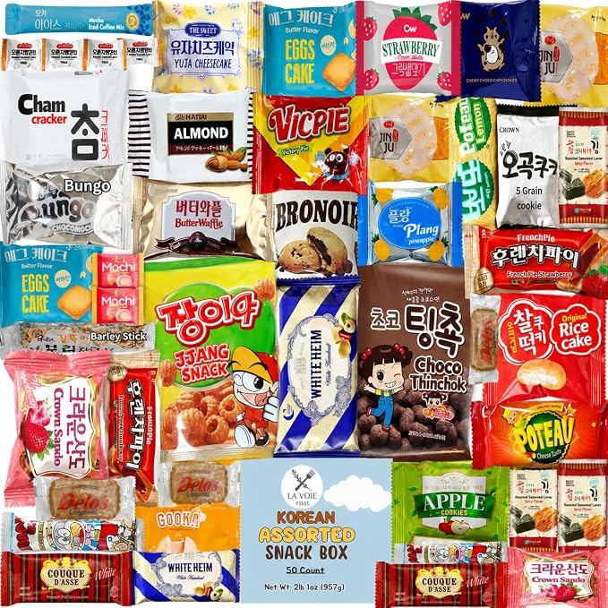 Korean snack box 50 Count - Korean snack Gift Set with Kimchi Seaweed, Ramen, Cookies, Crackers, Candy & Coffee Sticks