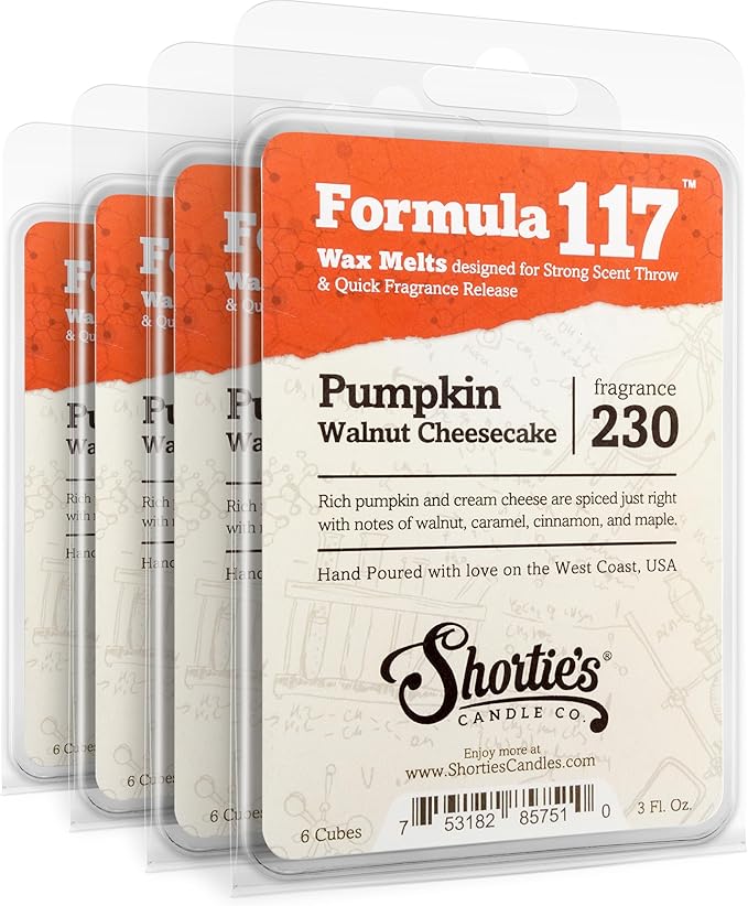 Shortie's Candle Company Pumpkin Walnut Cheesecake Premium Wax Melts 4 Pack - 12 Oz., Strong & Long Lasting, Non-Toxic - Made with Essential & Natural Oils - Formula 117