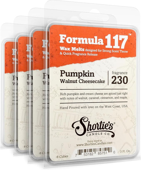 Shortie's Candle Company Pumpkin Walnut Cheesecake Premium Wax Melts 4 Pack - 12 Oz., Strong & Long Lasting, Non-Toxic - Made with Essential & Natural Oils - Formula 117