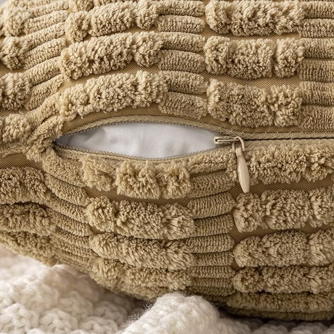MIULEE Euro Sham Corduroy Decorative Throw Pillow Covers 22x22 Khaki | Pack of 2 Soft Boho Striped Pillow Covers Modern Farmhouse Fall Home Decor For Sofa Living Room Couch Bed
