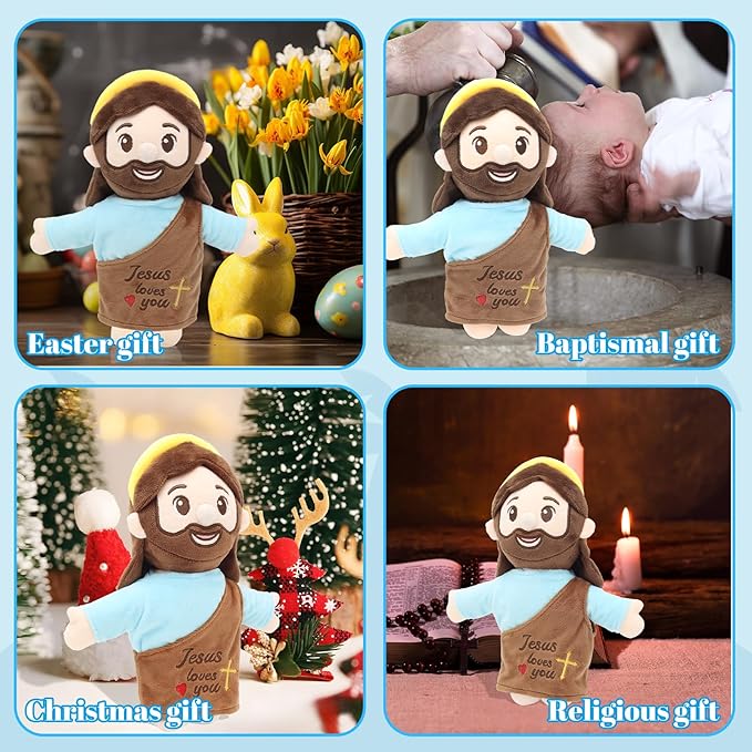 Jesus Plush 10", Jesus Plush Stuffed Doll with Halo, White-Skinned Big-Eyed Cute Plushie Gifts for Kids, Christian Stuff Religious Party Toys for Church Easter Christmas Baptisms Favors