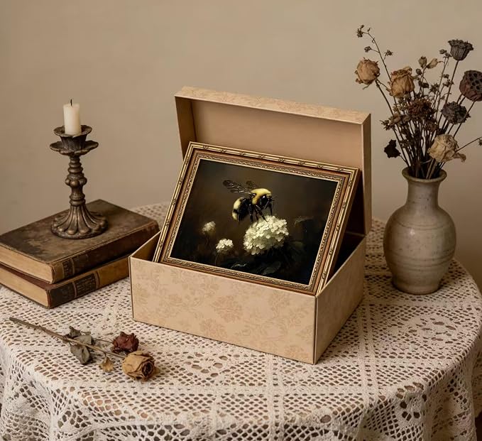 Vintage Gold Framed Bee Wall Art Dark Academia Insect Painting Canvas Print Gothic Moody White Hydrangea Picture Wall Decor Rustic Farmhouse Animal Poster Artwork for Living Room Bedroom Bathroom