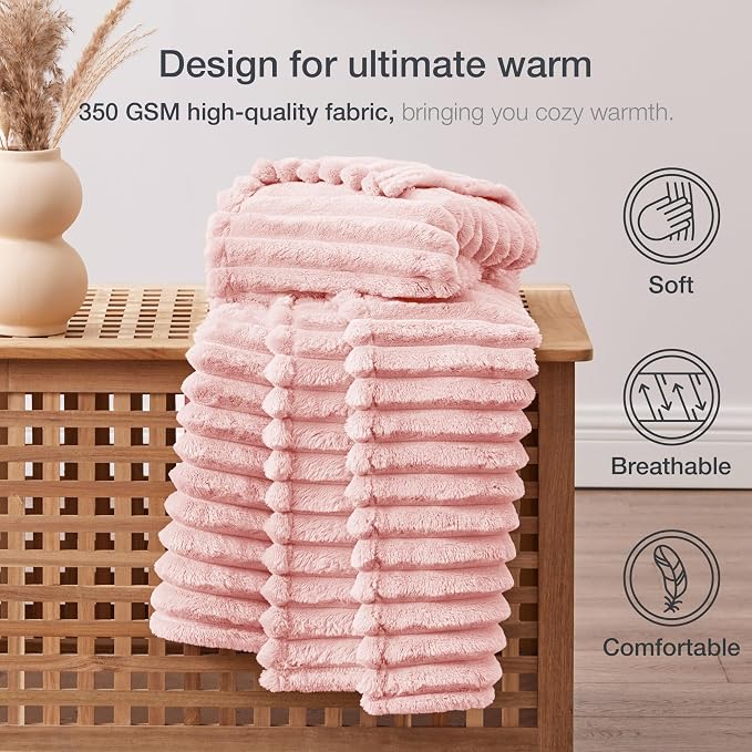 EXQ Home Fleece Throw Blanket for Couch or Bed - 3D Stripe Jacquard Decorative Blankets - Cozy Soft Lightweight Fuzzy Flannel Blanket Suitable for All Seasons(50"×60",Pink)